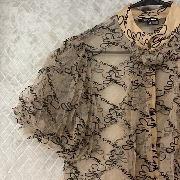 Fashion Nova Womens M Sheer Button Up Shirt Tan Brown Puff Sleeve Tie Neck - Picture 4 of 12
